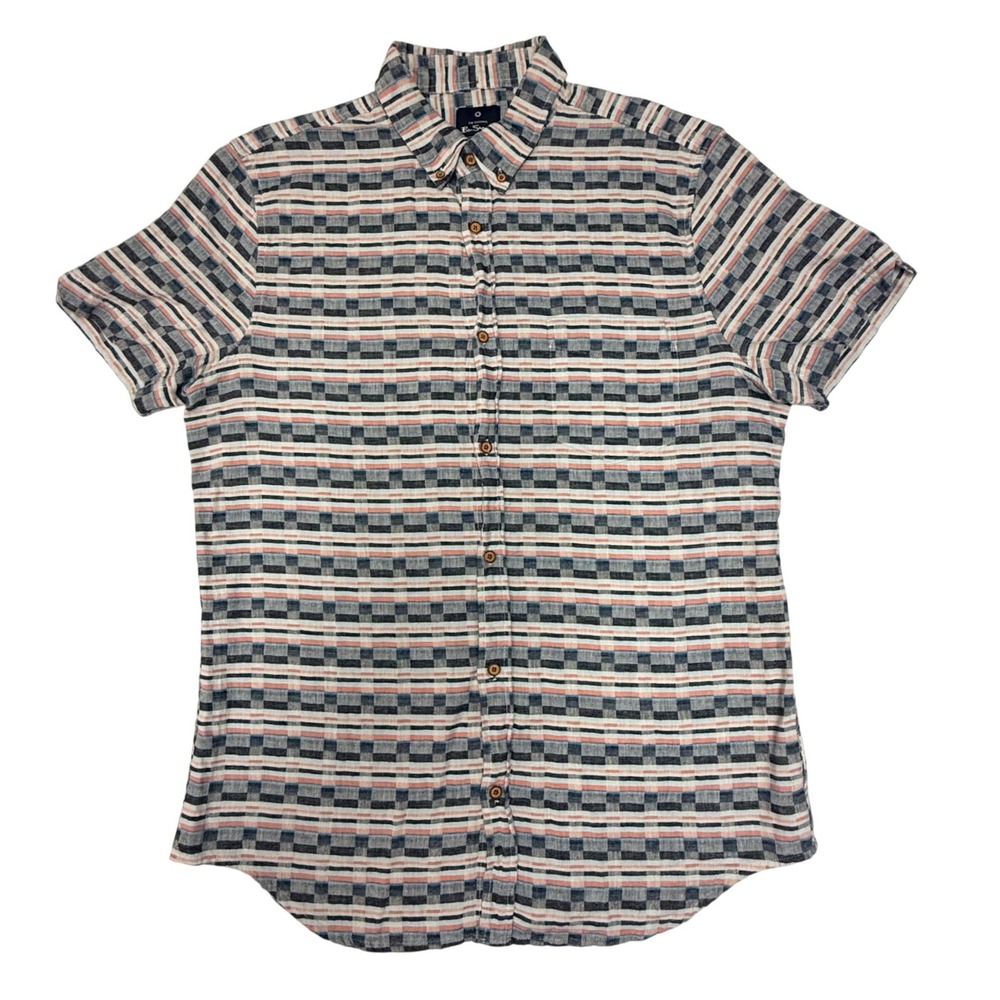 Ben Sherman Mens Large Linen Cotton Short Sleeve Button Down Striped Shirt Blue